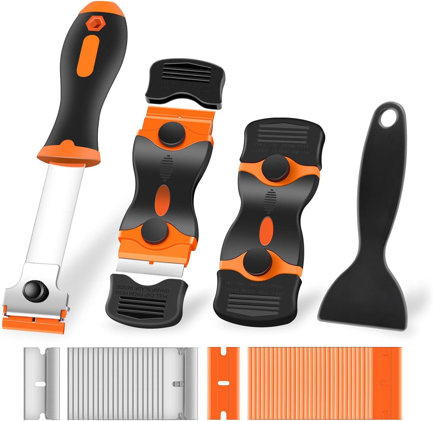 4 Pack Razor Blade Scraper. Premium Cleaning Scraper Tool with 50 PCS Metal & Plastic Razor Blades. Multi-Purpose Glass Scraper for Windows. Sticker. Decals. Cooktop. Paint Removal (Orange)