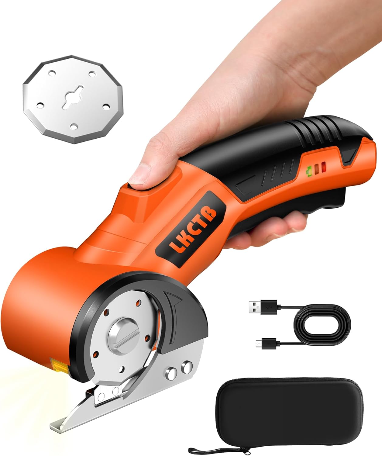 Electric Cardboard Cutter Scissors with LED Light. 2600mAh Rechargeable Battery. Brushless Motor. Tungsten Steel Blade. Cuts Cloth. Leather. Carpet. light orange
