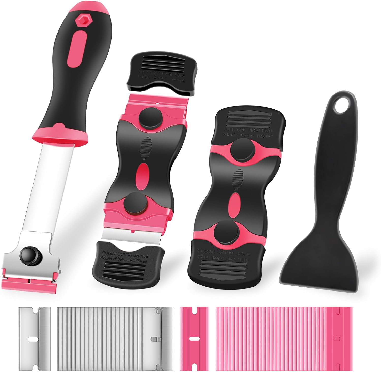4 Pack Razor Blade Scraper. Premium Cleaning Scraper Tool with 50 PCS Metal & Plastic Razor Blades. Multi-Purpose Glass Scraper for Windows. Sticker. Decals. Cooktop. Paint Removal (Orange)