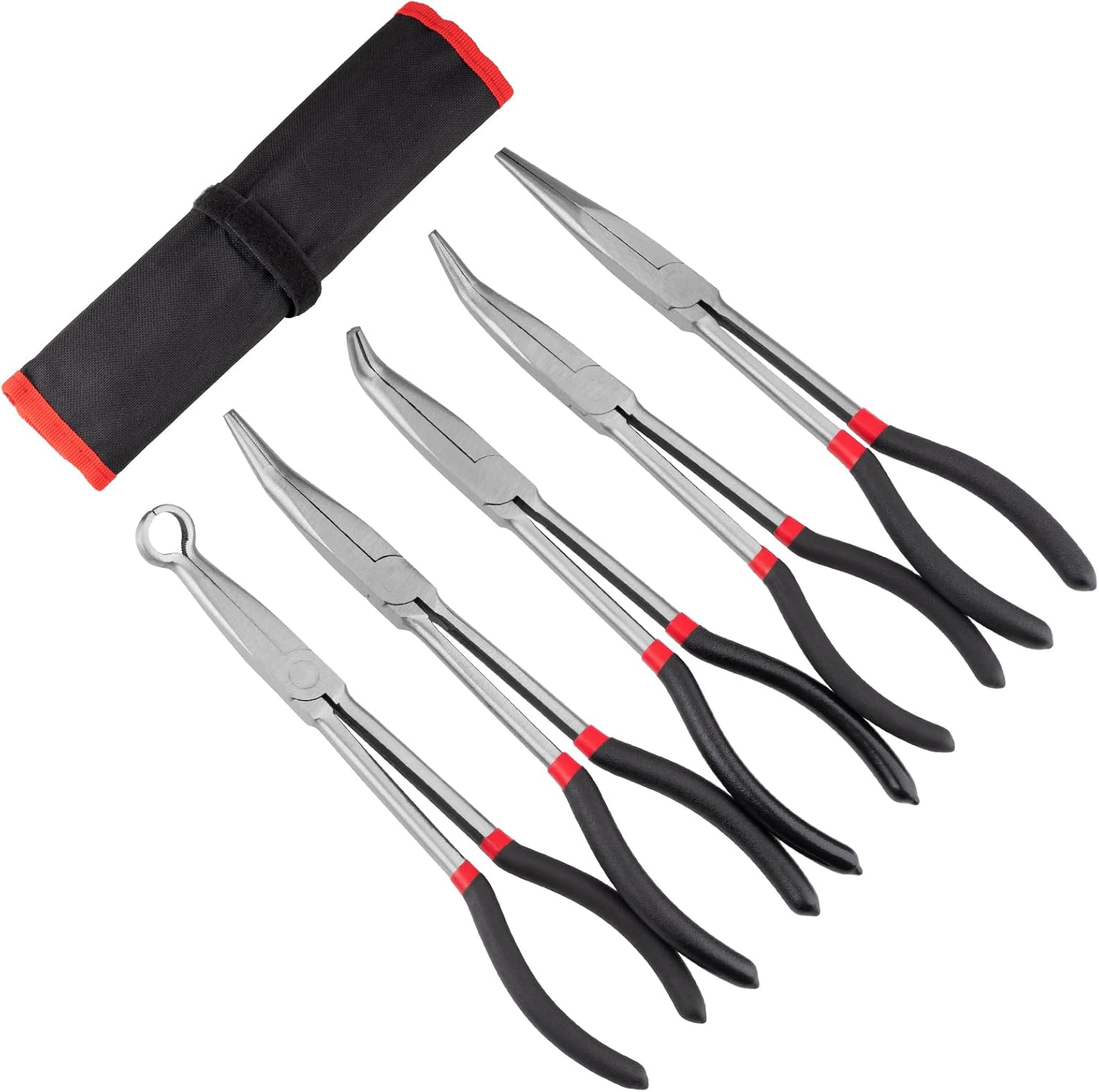 5Pcs Bent Nose Pliers 11 Inch Extra Long Needle Nose Pliers Set. Straight. 25°/45°/90° Bent. Circle Nose for Narrow Spaces. Hard to Reach Areas & Precision Work